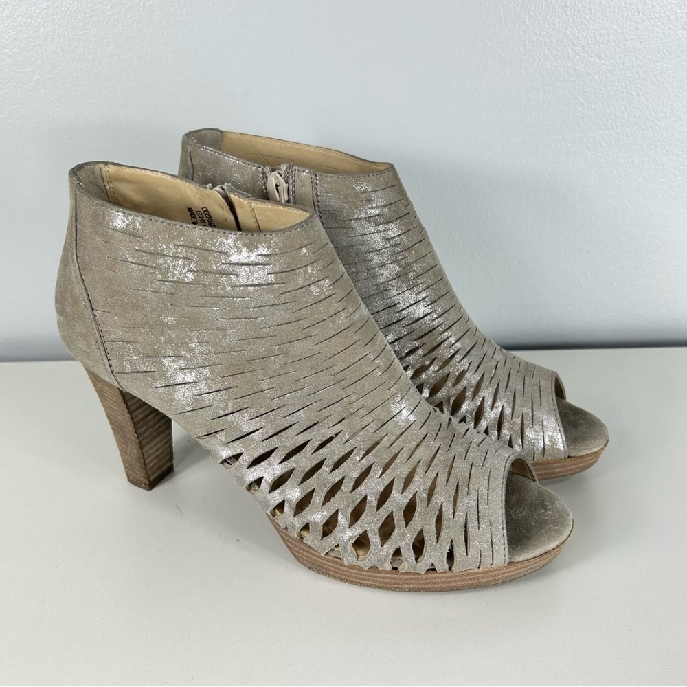 PAUL GREEN laser cut metallic silver peep toe heel US 7